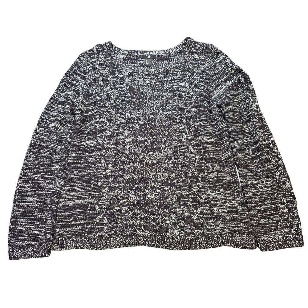 H&M Cable Knit Sweater Women's Size M Black White Marled Scoop Neck Cotton Blend